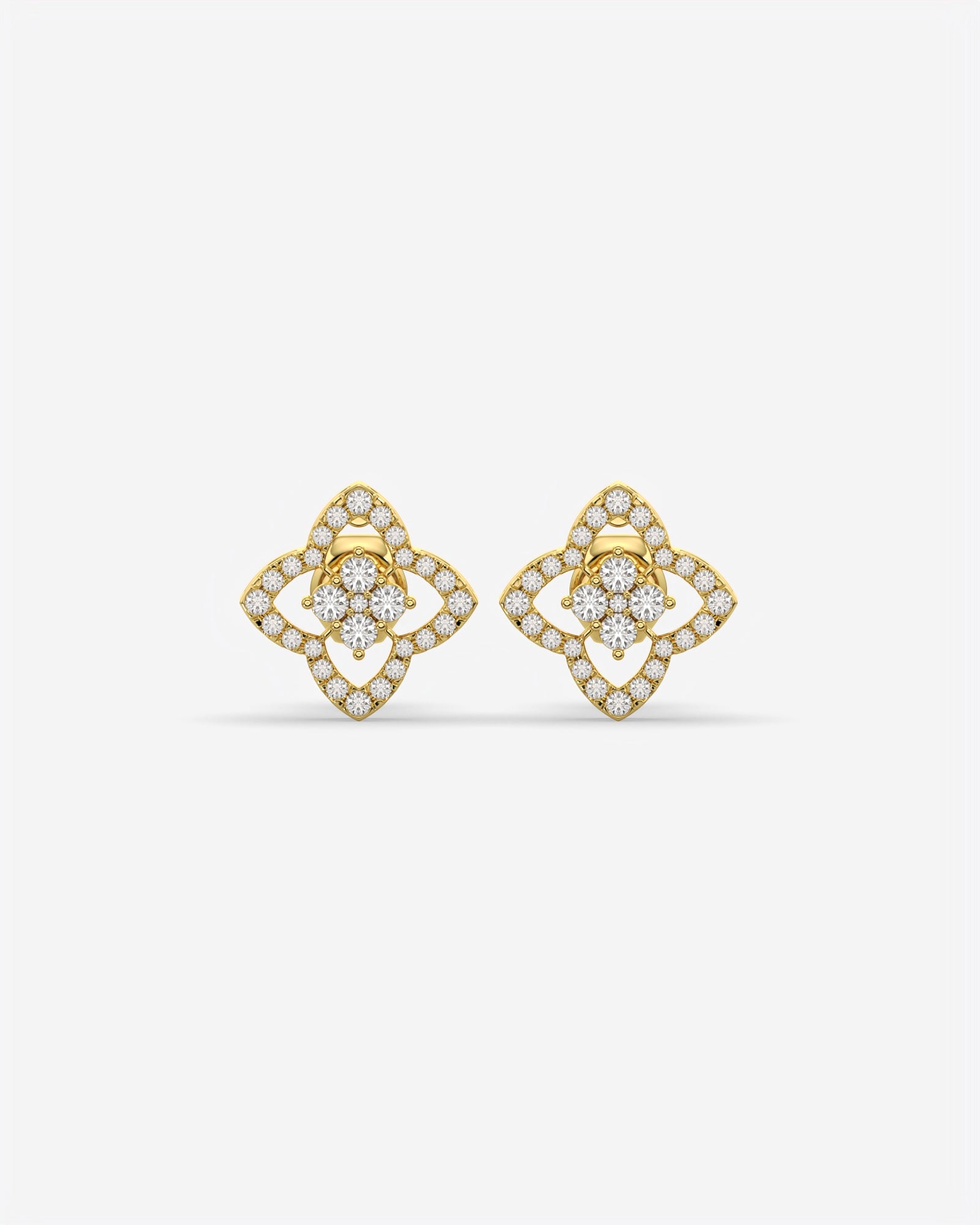 Four Petal Diamond Stud Earrings 14K Yellow Gold