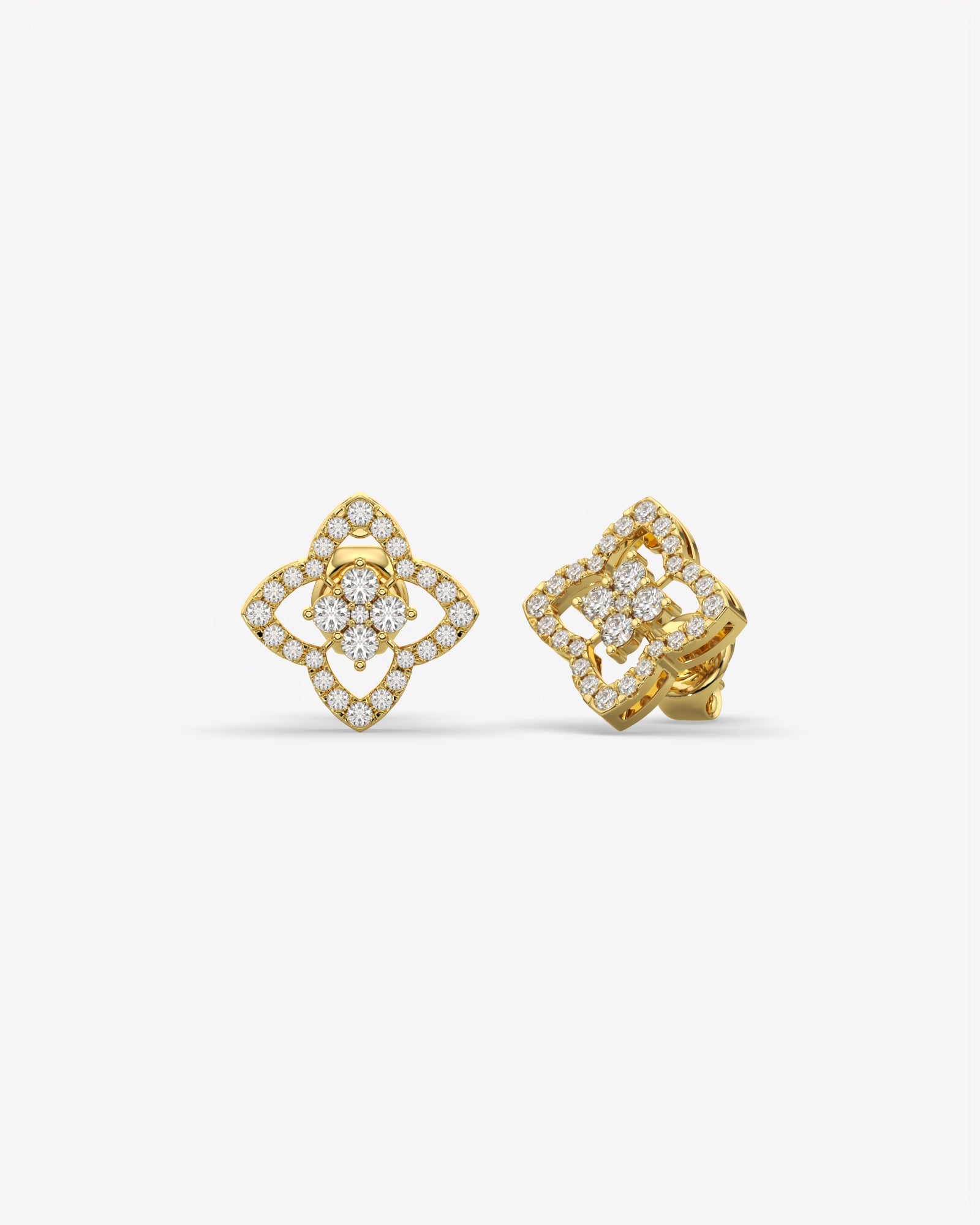 Four Petal Diamond Stud Earrings 14K Yellow Gold