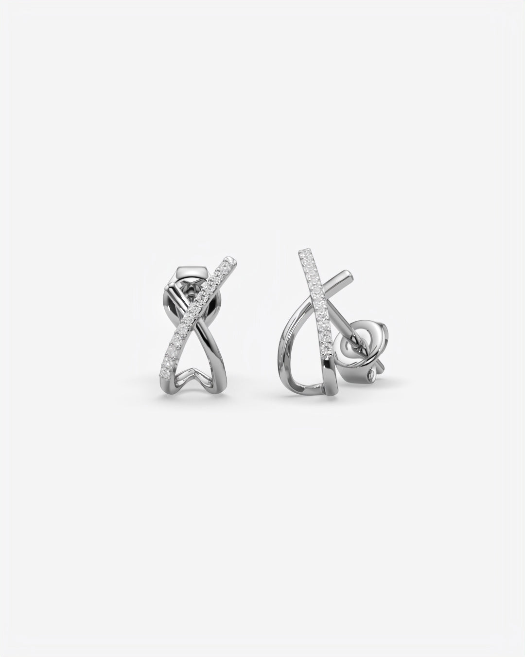 Crossed Diamond Stud Earrings 14K White Gold