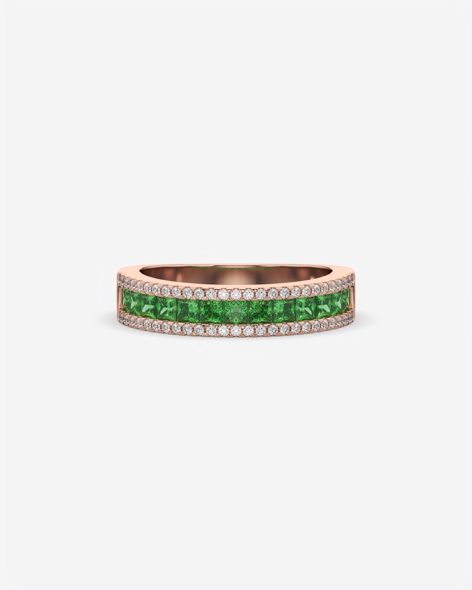 Green Princess and Round Diamond Three Row Half Eternity Band 14K Rose Gold