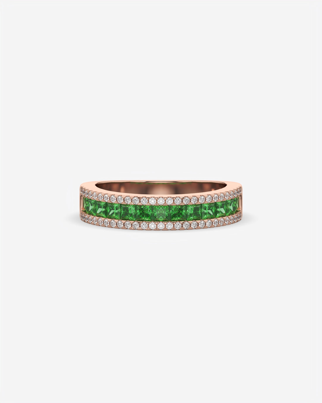 Green Princess and Round Diamond Three Row Half Eternity Band 14K Rose Gold