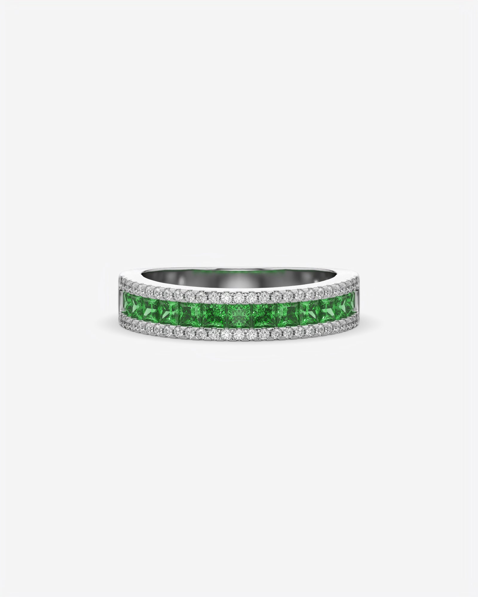 Green Princess and Round Diamond Three Row Half Eternity Band 14K White Gold
