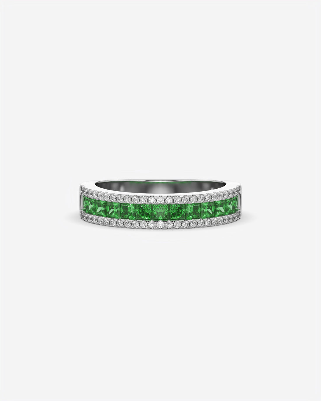 Green Princess and Round Diamond Three Row Half Eternity Band 14K White Gold