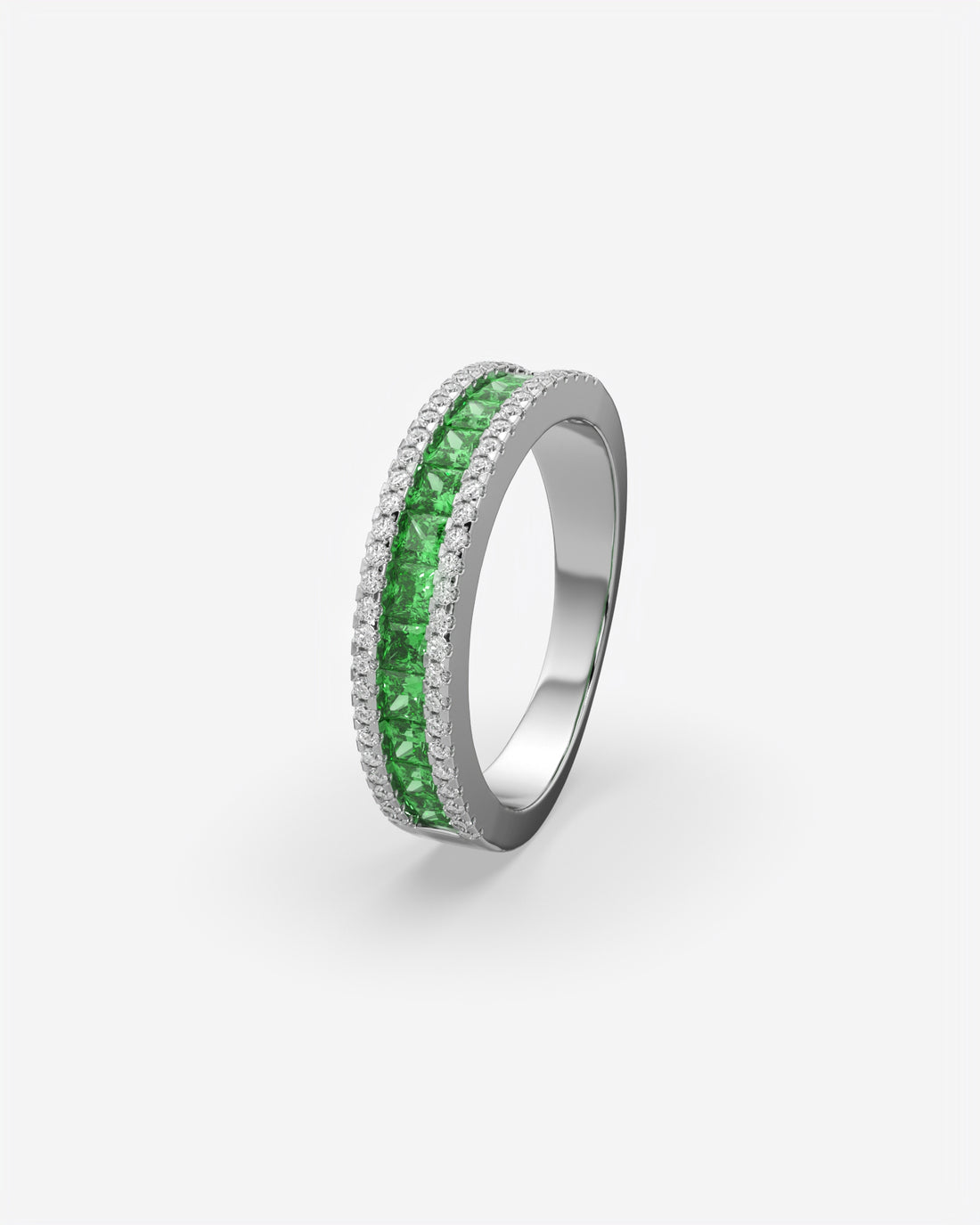 Green Princess and Round Diamond Three Row Half Eternity Band 14K White Gold