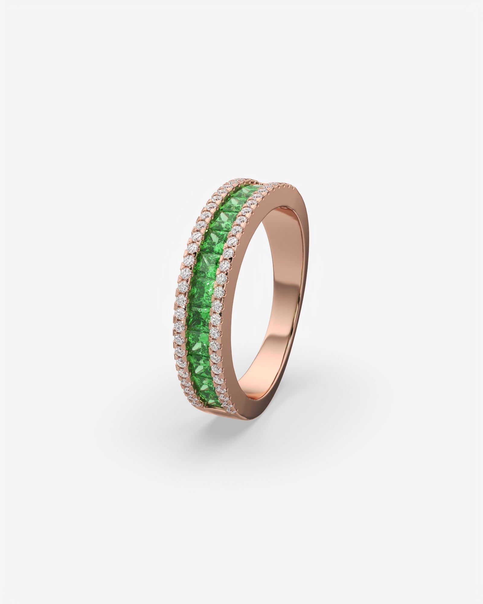 Green Princess and Round Diamond Three Row Half Eternity Band 14K Rose Gold