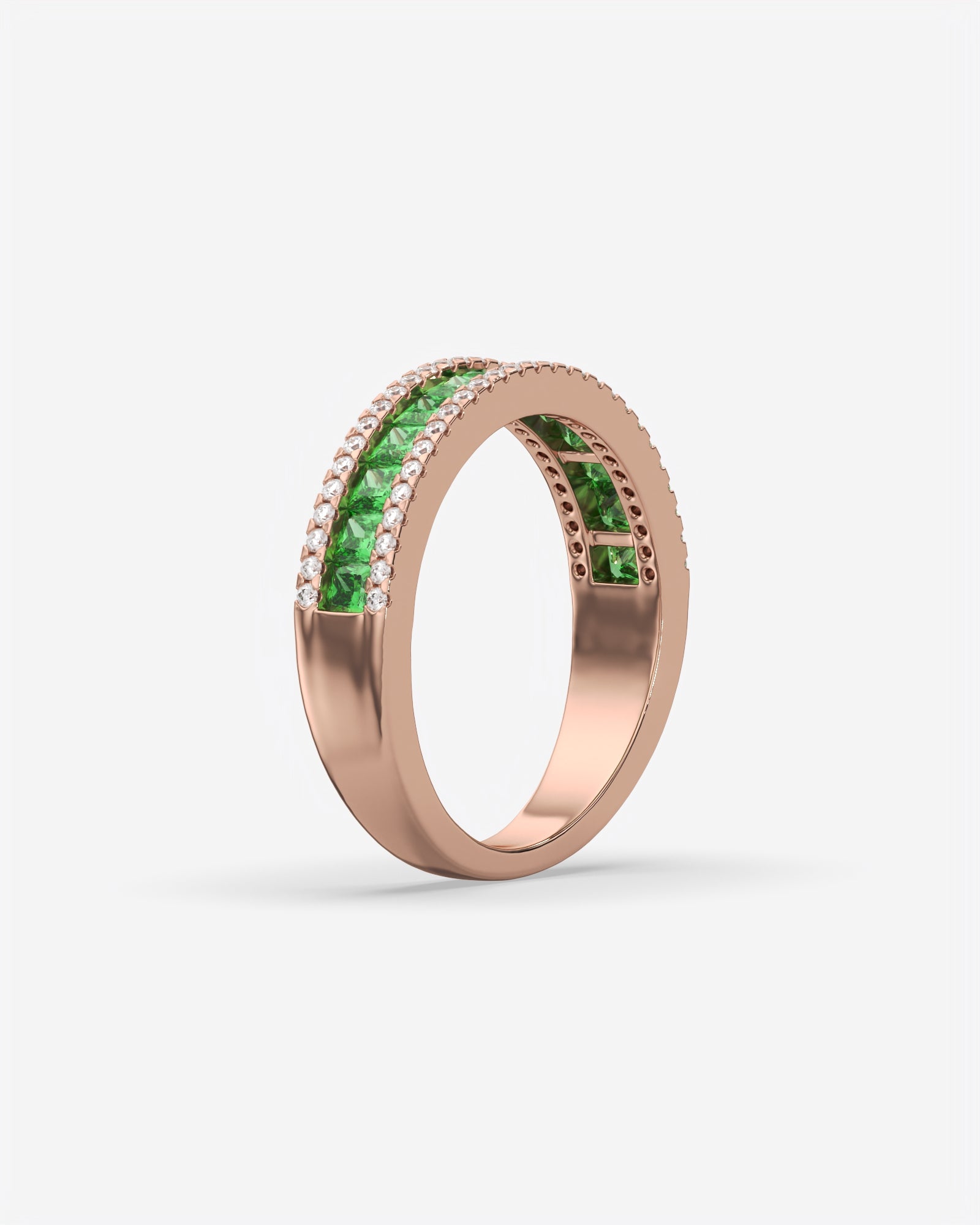 Green Princess and Round Diamond Three Row Half Eternity Band 14K Rose Gold