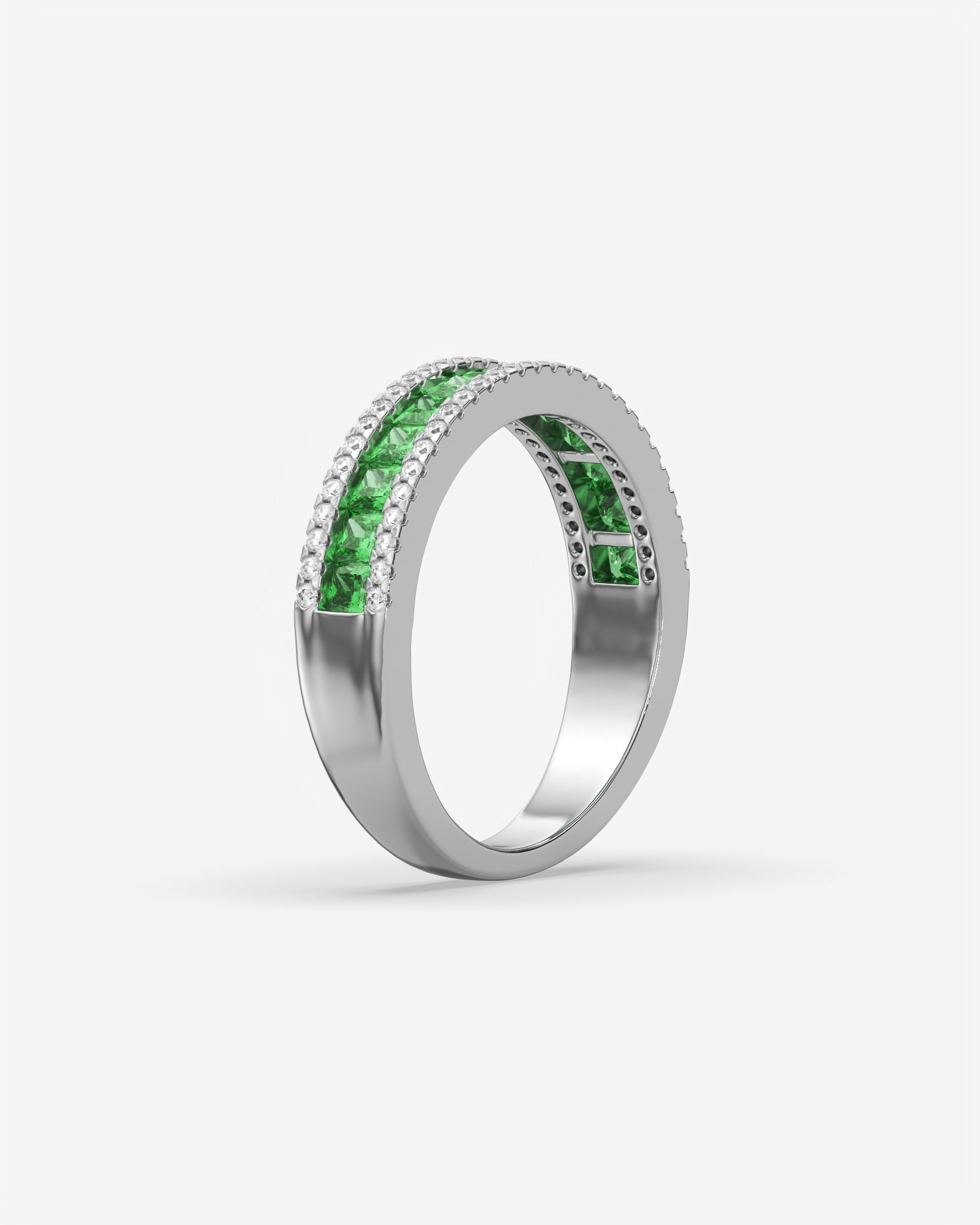 Green Princess and Round Diamond Three Row Half Eternity Band 14K White Gold
