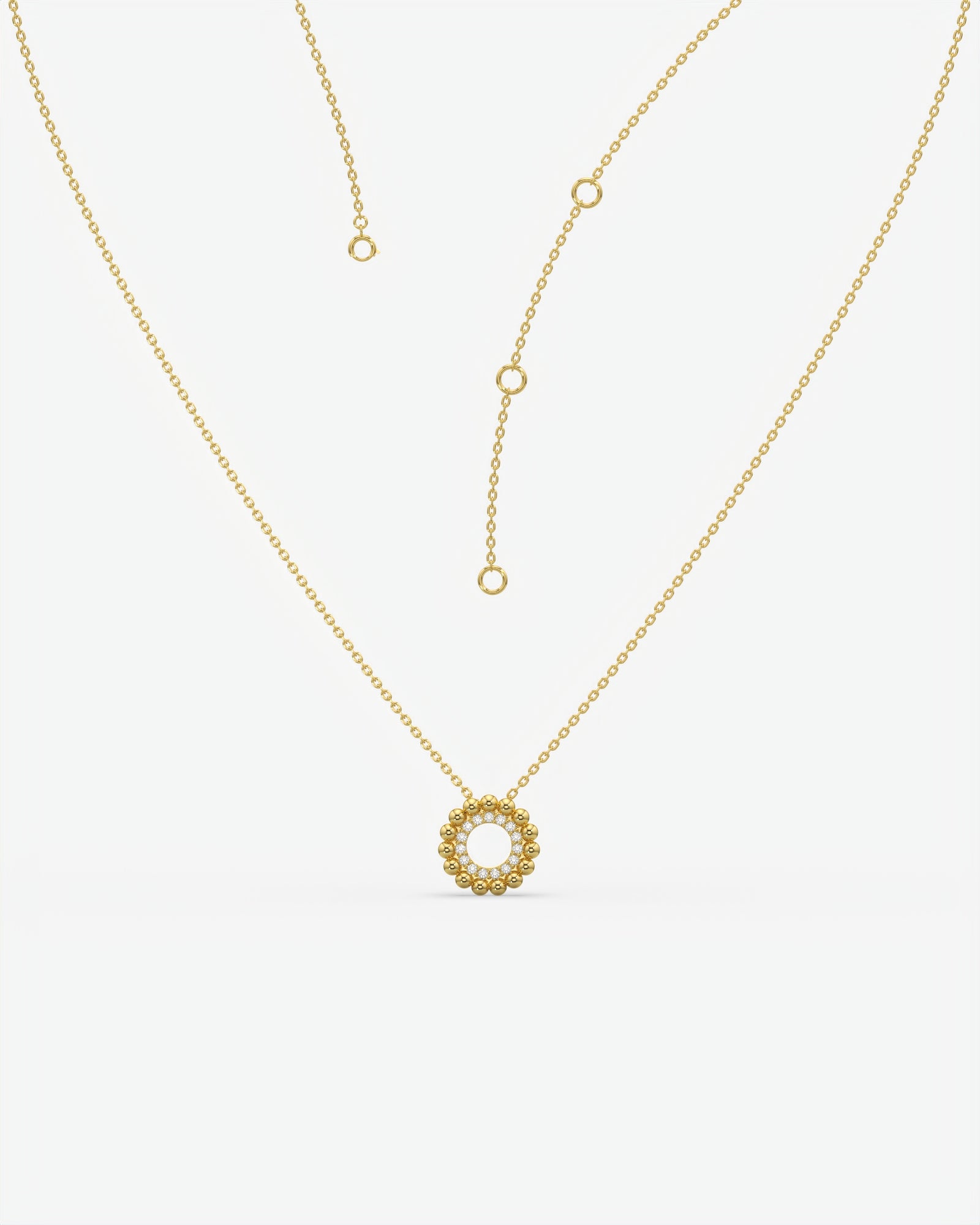 Beaded Halo Open Circle Diamond Pendant Necklace 14K Yellow Gold