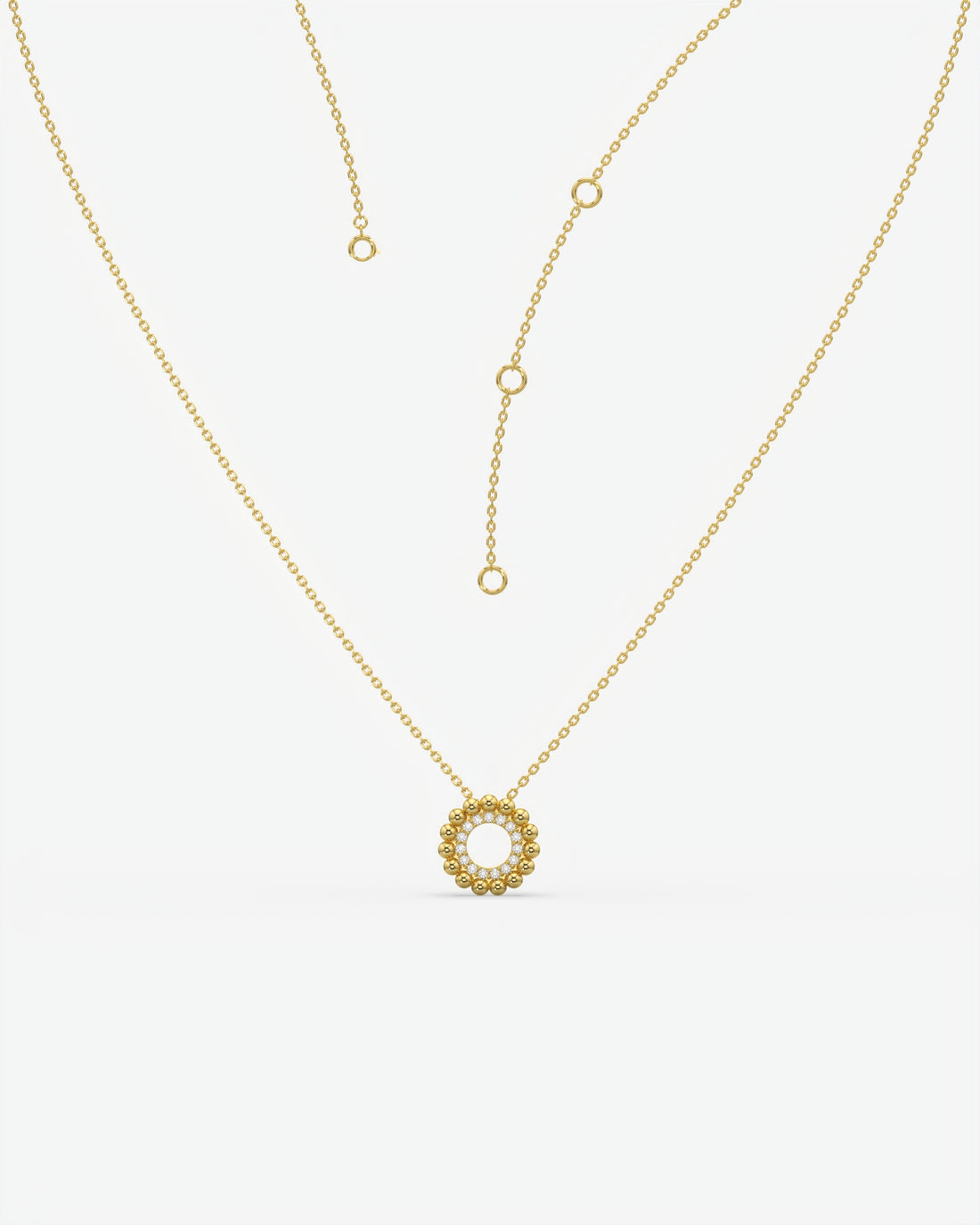 Beaded Halo Open Circle Diamond Pendant Necklace 14K Yellow Gold