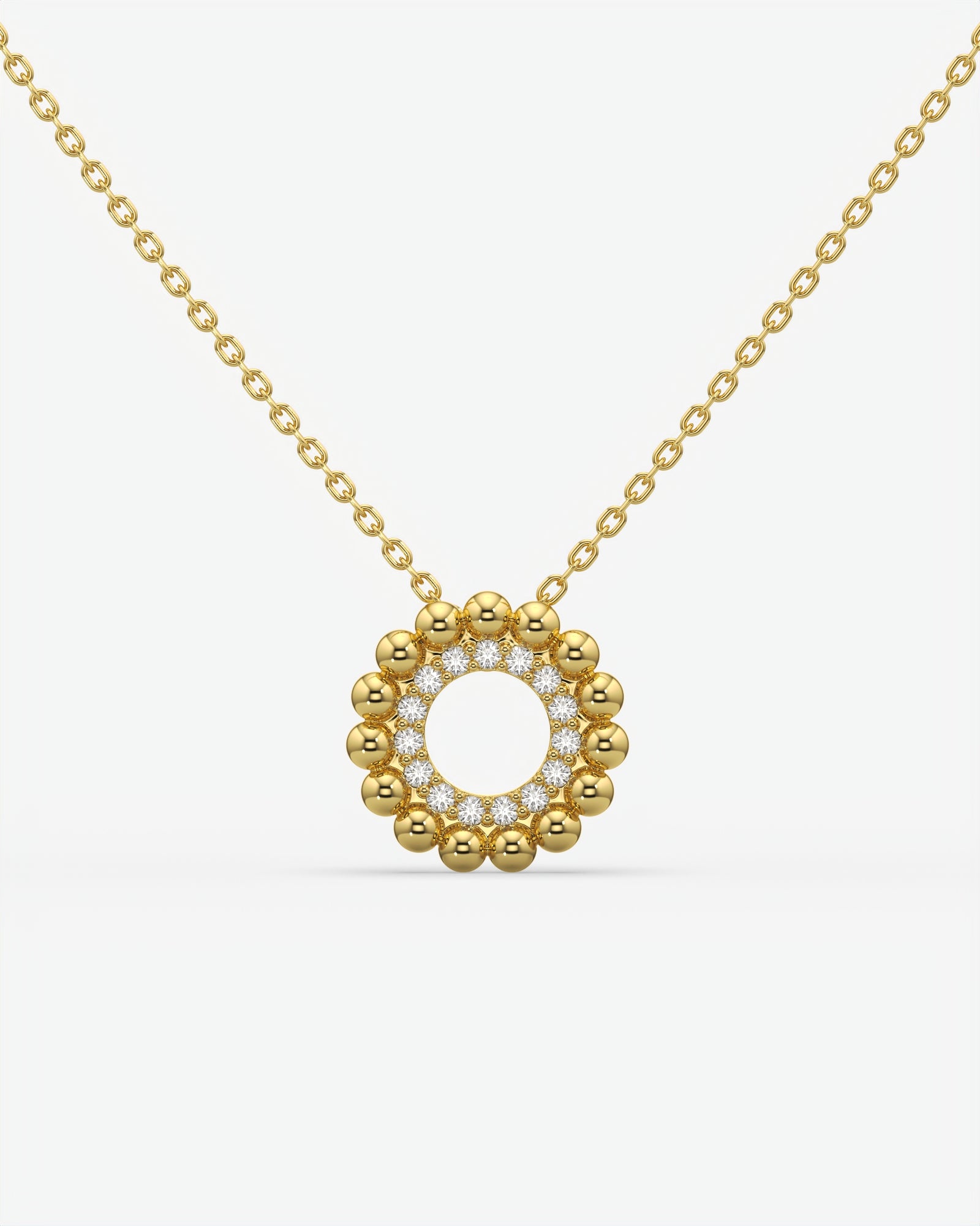 Beaded Halo Open Circle Diamond Pendant Necklace 14K Yellow Gold