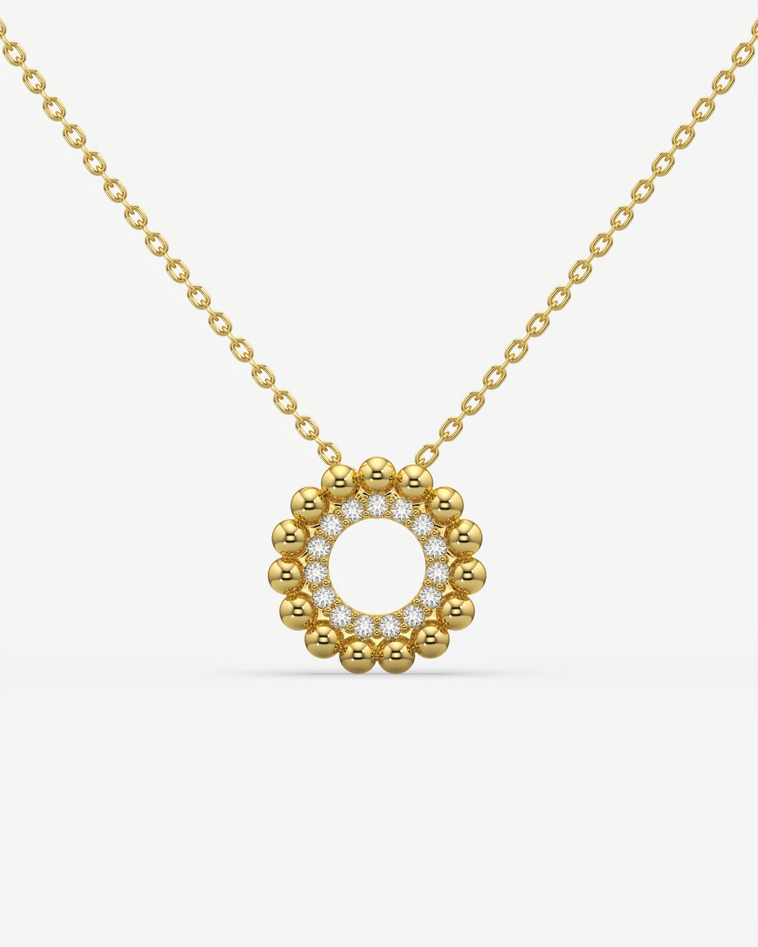 Beaded Halo Open Circle Diamond Pendant Necklace 14K Yellow Gold