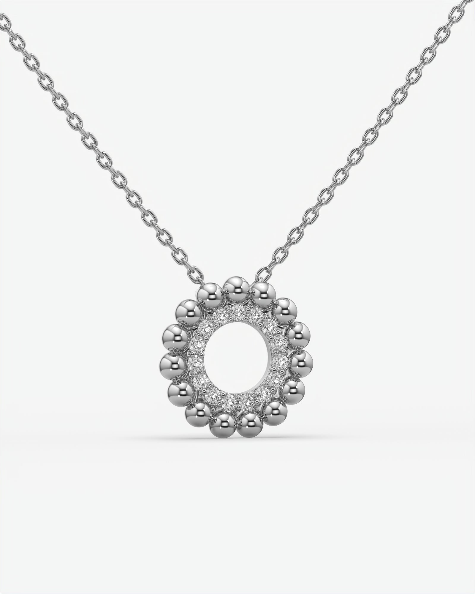 Beaded Halo Open Circle Diamond Pendant Necklace 18K White Gold