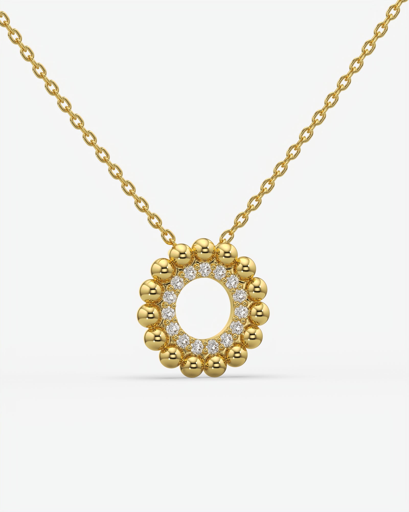 Beaded Halo Open Circle Diamond Pendant Necklace 14K Yellow Gold