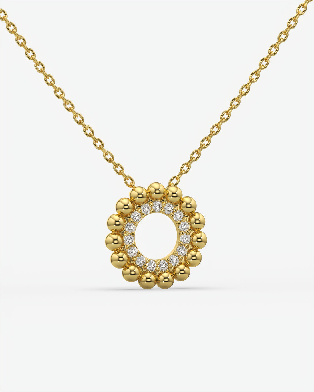 Beaded Halo Open Circle Diamond Pendant Necklace 14K Yellow Gold