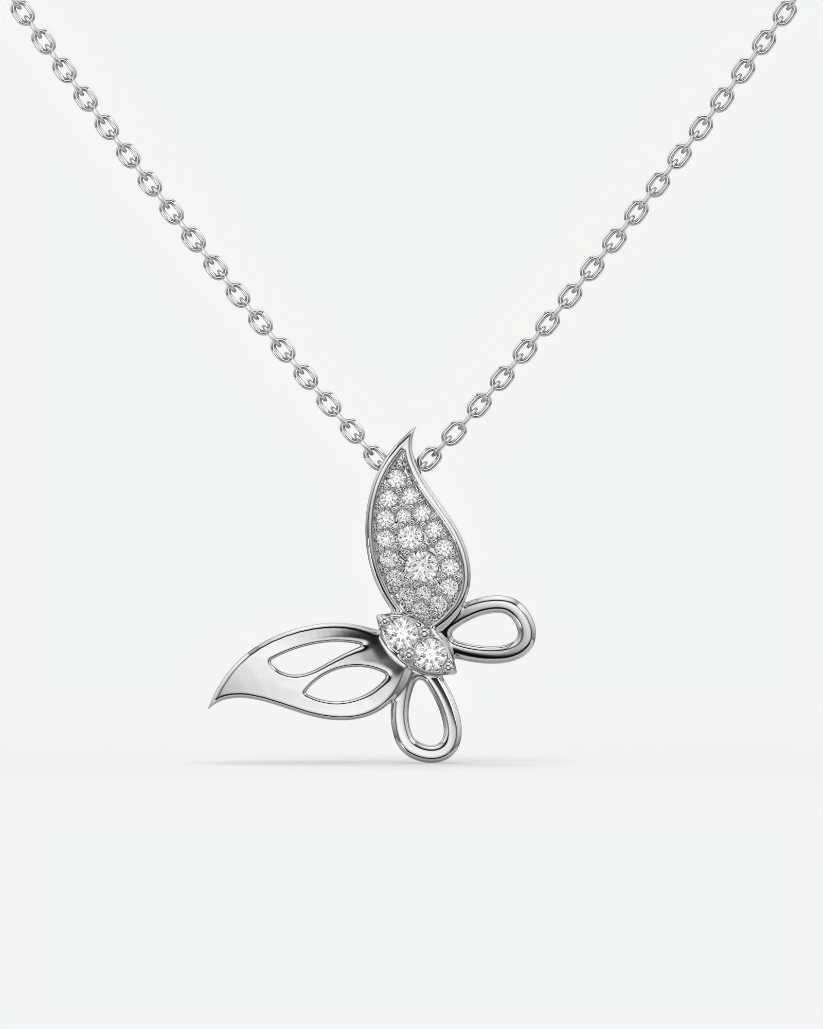 Pave Diamond Butterfly Pendant Necklace 14K White Gold