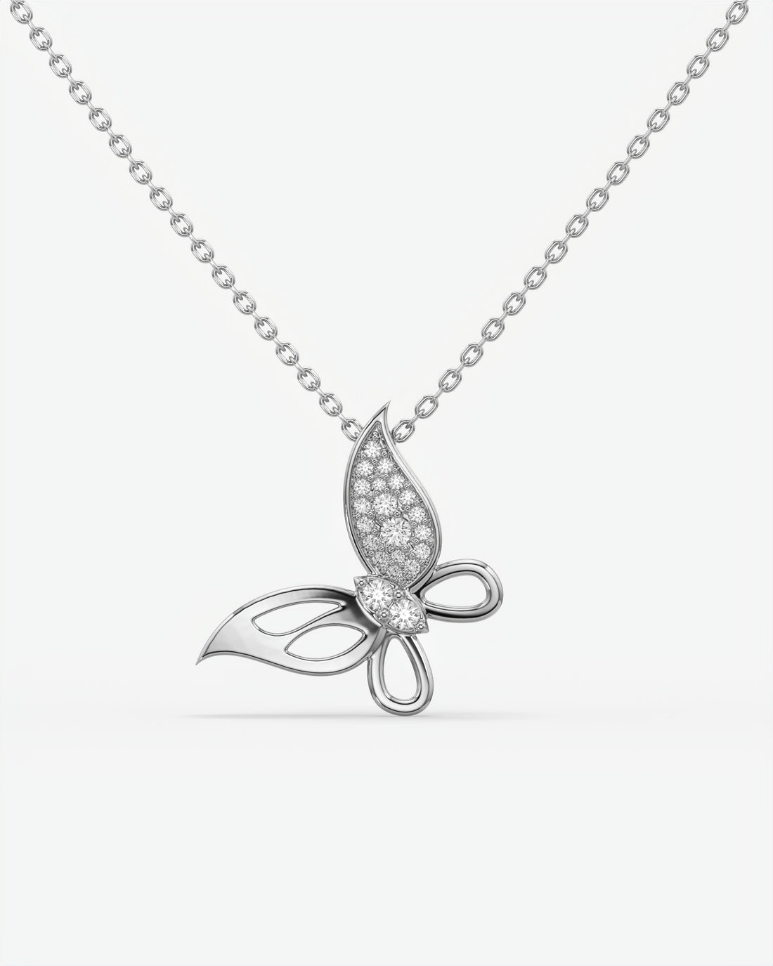 Pave Diamond Butterfly Pendant Necklace 14K White Gold
