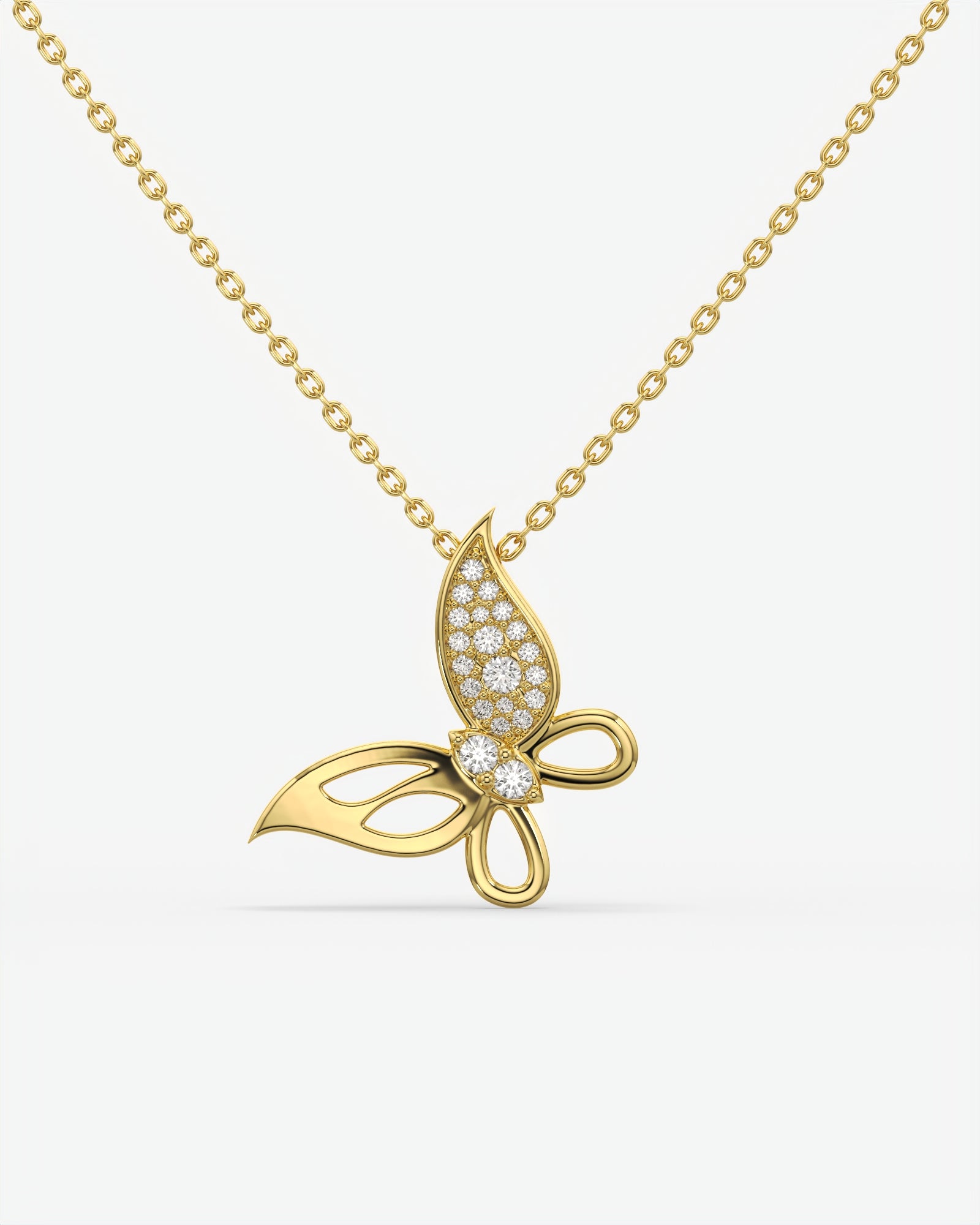 Pave Diamond Butterfly Pendant Necklace 14K Yellow Gold