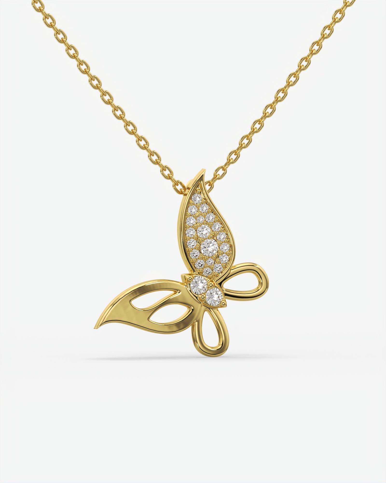 Pave Diamond Butterfly Pendant Necklace 14K Yellow Gold