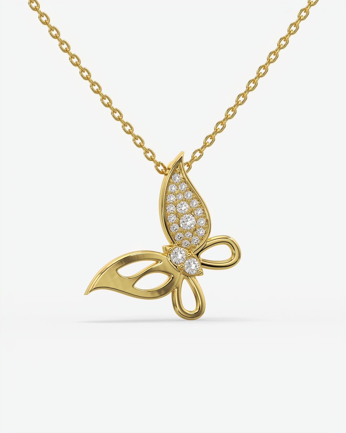 Pave Diamond Butterfly Pendant Necklace 14K Yellow Gold