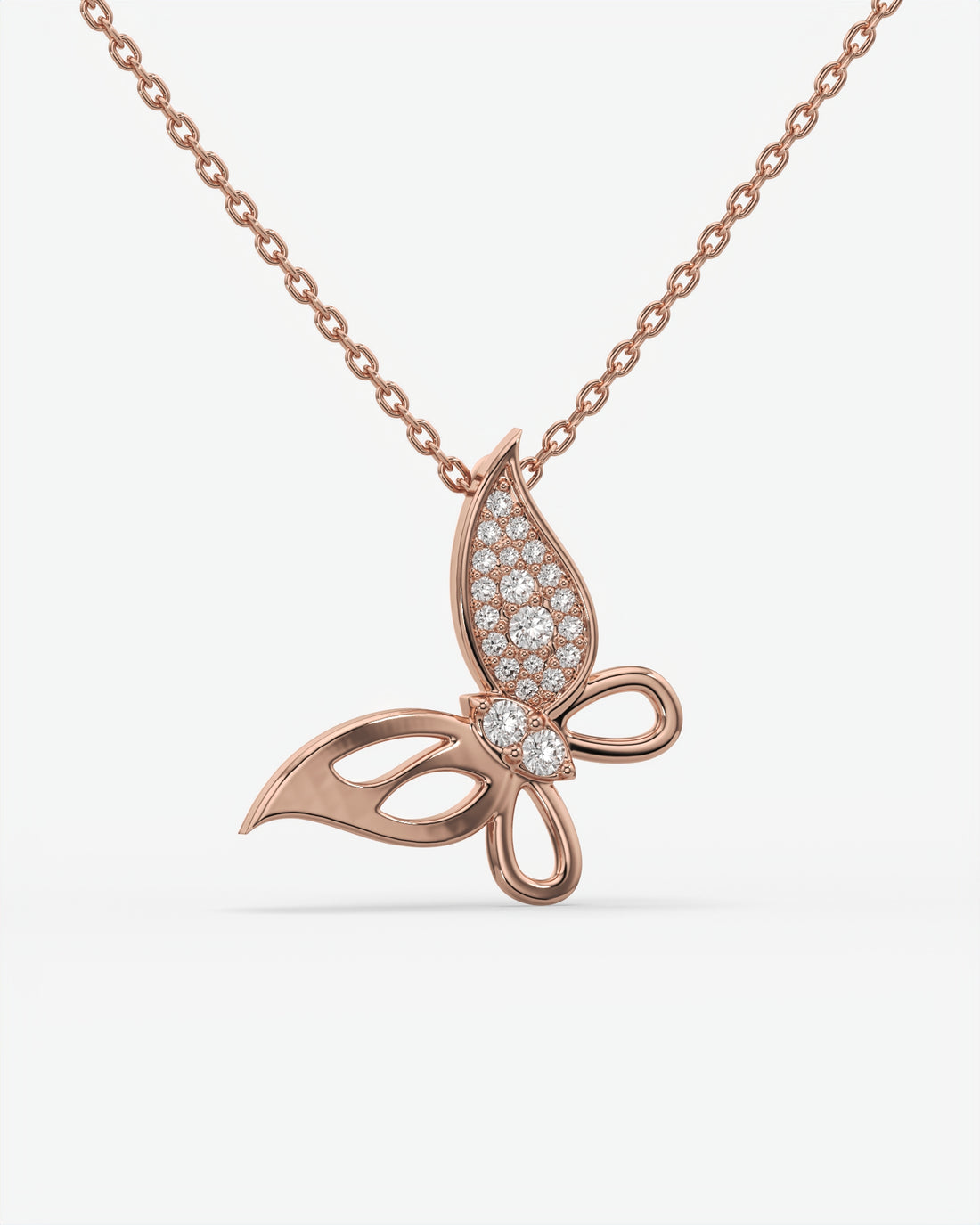 Pave Diamond Butterfly Pendant Necklace 18K Rose Gold