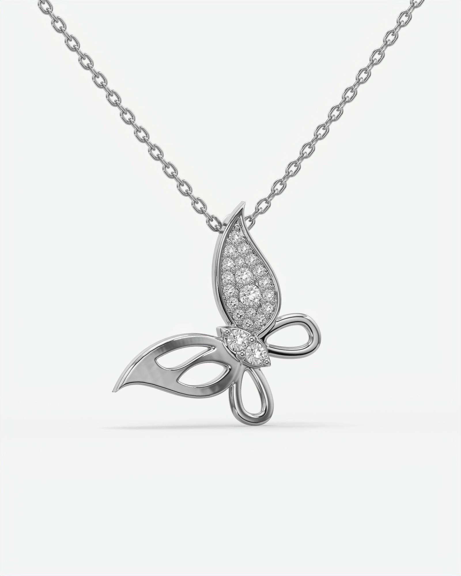 Pave Diamond Butterfly Pendant Necklace 14K White Gold