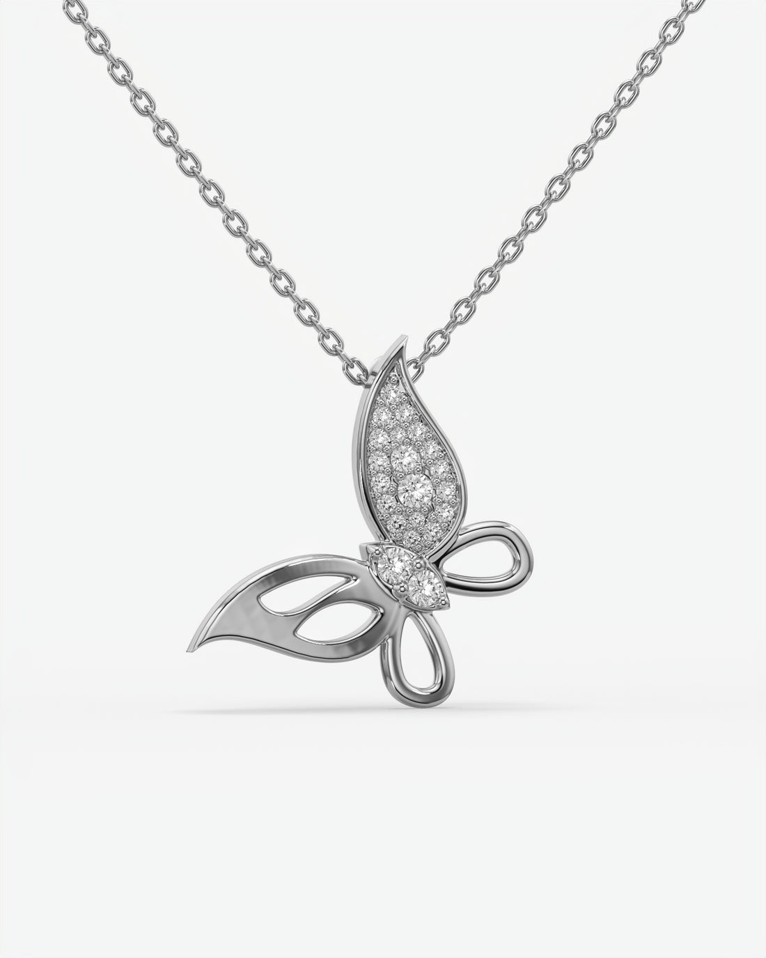 Pave Diamond Butterfly Pendant Necklace 14K White Gold