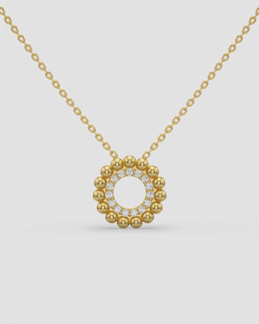 Beaded Halo Open Circle Diamond Pendant Necklace 14K Yellow Gold