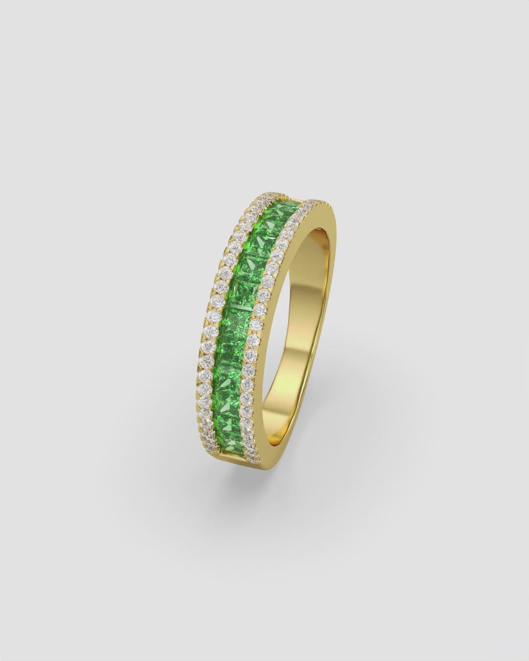 Green Princess and Round Diamond Three Row Half Eternity Band 14K Yellow Gold